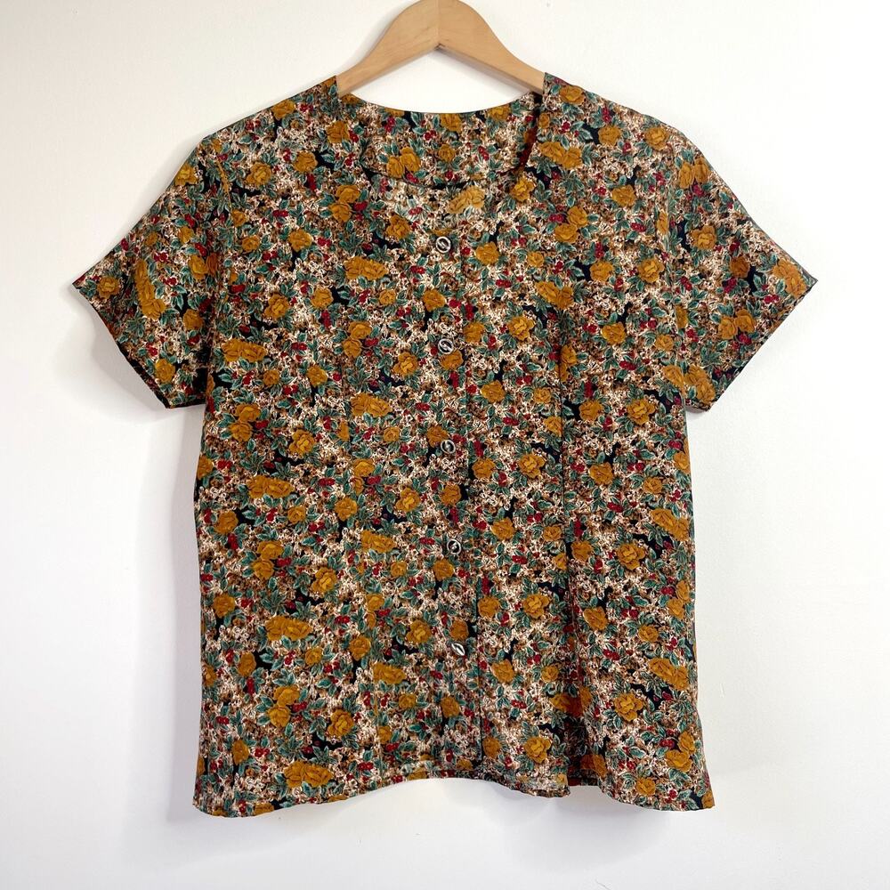 Vintage Button Up Blouse Medium 70s 80s Handmade Floral Cottage Feminine Fairy